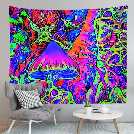 Tapisserie Murales, Tapisserie Hippie Psychédélique Wall Hanging Forêt Champignons Colorés, Décor Art Rectangulaire Imprimer Pour Salon Chambre À Coucher