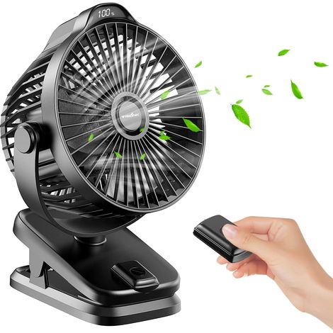 Mini USB Ventilateur Pince Portable, 8000mAh Silencieux, Télécommande, Affichage LED, 5 Vitesses Rotation à 360°, Rechargeable Table Fan for Bureau, Maison, Camping, Poussette (1/5)