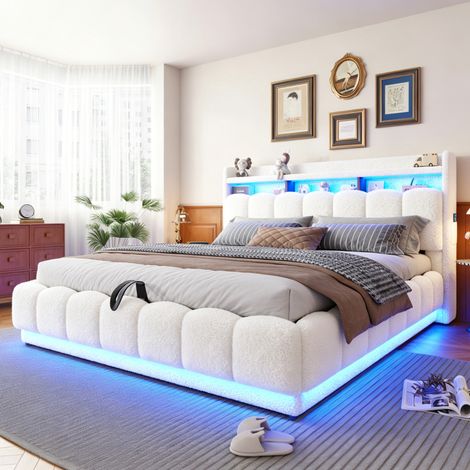 Lit coffre rembourré en tissu bouclé 180x200 cm avec rangement hydraulique, LED, ports USB et prise, sommier à lattes métalliques, Blanc (1/5)