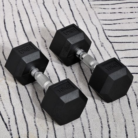 Ensemble Haltères 2x10 Barre Connexion Métallique Tête Hexagonale Entraînement Domicile Sport Noir Argent