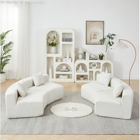 Sofá modular curvo de 4 plazas, diseño tipo teclas de piano, con 2 cojines, chenilla beige (1/5)