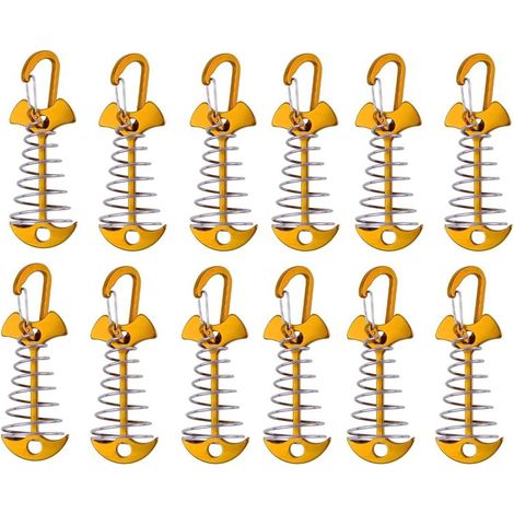 Kit de 12 piquets de fixation Golden Fishbone pour tente (mousqueton inclus) : ancrage de fixation pour auvent de terrasse de camping avec tendeur de corde à ressort