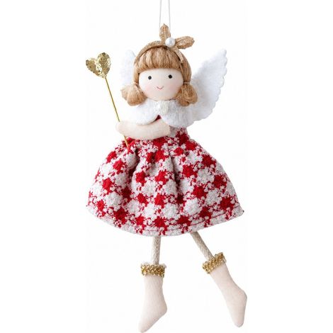 Ange de Noël en tissu rouge et blanc, orné d'un bandeau de perles, décoration de Noël en ange avec sapin de Noël et bandeau de perles. (1/5)