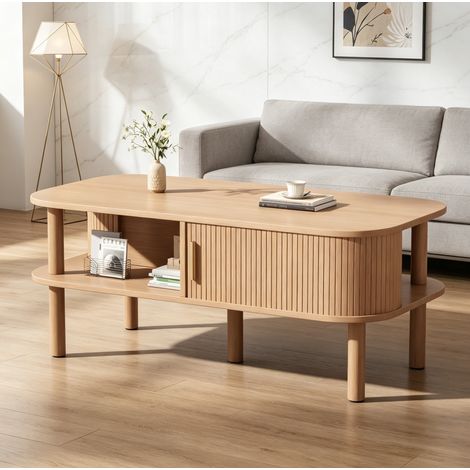Tavolino da caffè scandinavo 110x55x45 cm, con porta scorrevole, doppio piano, MDF, colore naturale (1/5)