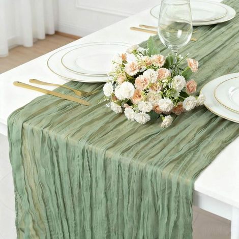 Chemin de table en tulle vert, 90 x 400 cm, tulle semi-transparent, style bohème, idéal pour les mariages et les réceptions (1/4)