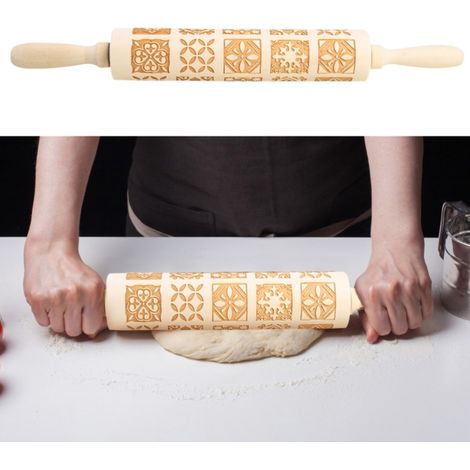 Weihnachtlicher Teigroller mit Gravur, aus Holz, geprägt, 20-teiliges Muster, ideal zum Backen in der Weihnachtszeit (1/4)
