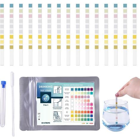 50-teiliges 9-in-1-Poolteststreifen-Set für Schwimmbäder und Whirlpools, Trinkwasserteststreifen, Wasserhärte-Teststreifen für Aquarien, pH- und Chloranalyse (1/5)