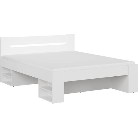 Lit adulte 2 places 160 x 200 cm avec des étagères de rangement coloris blanc - Longueur 204,5 x Largeur 165 x Hauteur 47,5-85,5 cm (1/5)