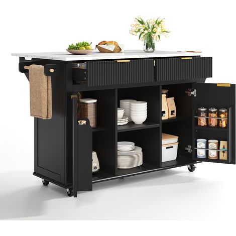CHICFURN Isola da cucina su ruote 143 x 45 x 89,5 cm, MDF nero, piano ribaltabile (1/5)