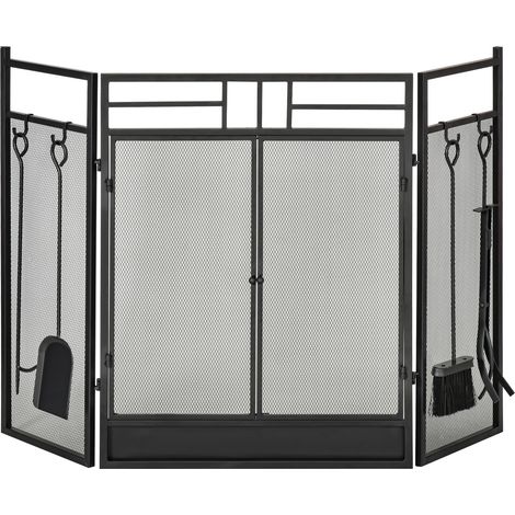 Pare-feu Large pour cheminée ou poêle - Pare-étincelles serviteur de cheminée 2 en 1 avec Accessoires - 3 Volets Pliables et Porte - Acier métal Noir (1/5)