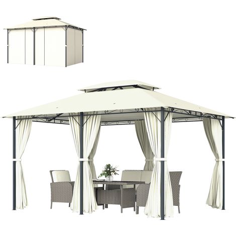 Abri de jardin 3x4m avec voilages et double toiture, ton ivoire, tonnelle extérieure spacieuse (1/5)