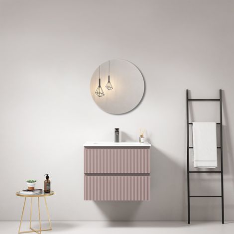 Mobile bagno sospeso cannettato 60 cm Rosa Retro Lavabo in Ceramica Specchio Tondo - Fiji Paint (1/4)