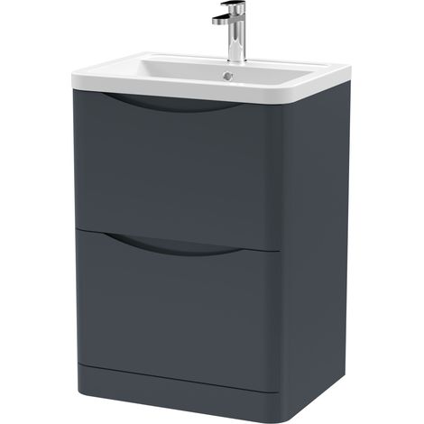 Nuie Lunar Satin Soft Black 600mm 2 Drawer Vanity Unit and Ceramic Basin - LUN1401A (1/3)