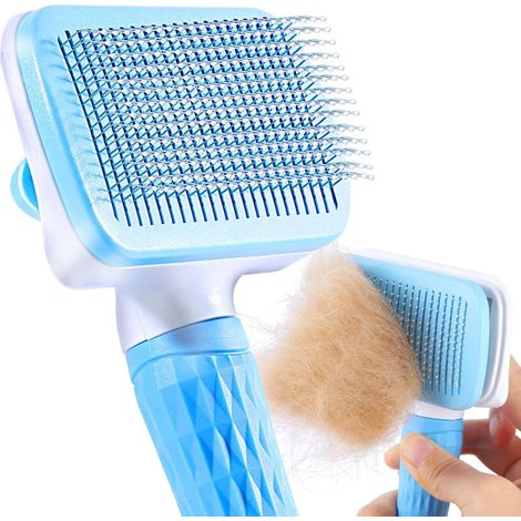 Brosse chien chat, brosse pour animaux, pour poils longs et courts, retrait des poils en un bouton, bleu (1/5)