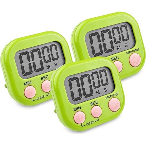 Set di 3 timer digitali da cucina: cronometro verde con supporto magnetico, allarme sonoro e ampio display LCD. (1/5)