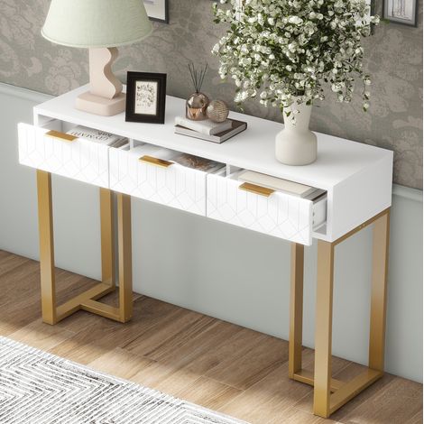 Mueble recibidor con cajones MDF blanco y dorado OKMYHOME (1/5)