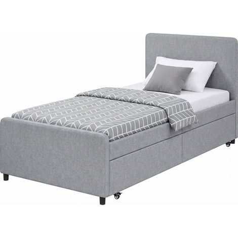 Lit gigogne 90x190 cm cadre simple/double sommier lattes tête pied rembourrés, gris clair (1/5)