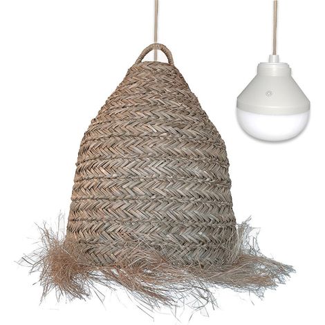 Suspension en jonc de mer naturel style bohème avec ampoule LED blanc/RGB nomade (1/5)