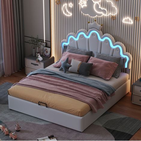 Letto matrimoniale 140x200 cm in MDF e metallo bianco con contenitore FloraGrace (1/5)