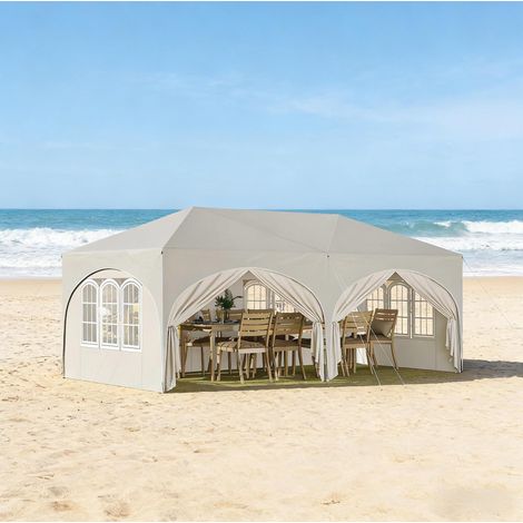 Cenador plegable de 3x6 m con 6 paneles desmontables, altura regulable, resistente al agua con protección UV50+, color beige metalizado. (1/5)