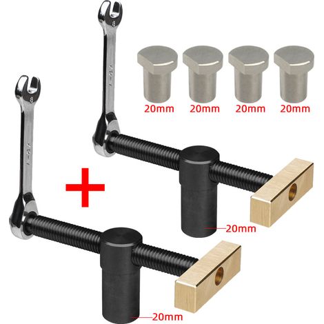 Un ensemble de deux étaux de table pour le travail du bois, réglables, avec 4 butées, adaptés aux trous de 20 mm de diamètre.
