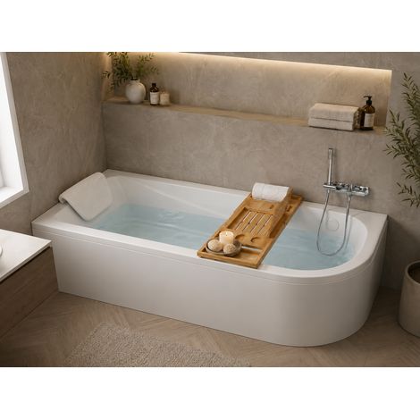 Baignoire d'angle asymétrique gauche 160 x 75 cm - blanc - sans tablier, pieds, vidage chrome, repose - tête, plateau bambou - OASIS (1/4)