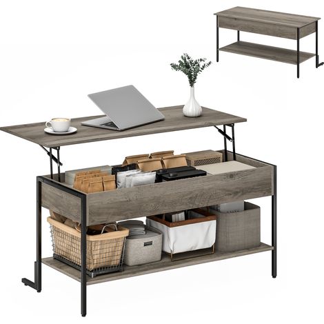 Couchtisch mit Hubfunktion, Wohnzimmertisch mit verstecktem Fach und offenem Regal, 95 x 40 x 59 cm, grau