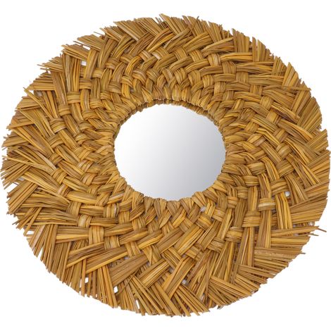 Retro-Wandspiegel aus Strohgeflecht, hübscher Hängespiegel aus Weide für die Schlafzimmerdekoration, goldfarben. (1/5)