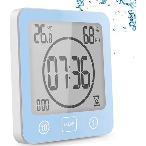 Reloj de baño,temporizador digital para ducha con ventosa,reloj de ducha impermeable con higrómetro y termómetro,función de cuenta regresiva,azul (1/5)