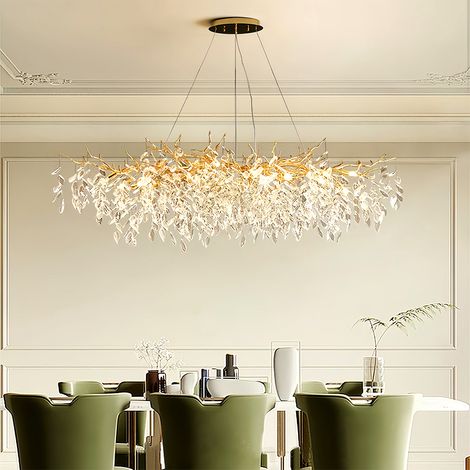 Designer Kristall Haengeleuchte Gold 160 cm extra lange Luxus Pendelleuchte mit E14 und K9 Kristallen hoehenverstellbar Deckenlampe fuer sehr grosse Esstische