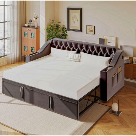 Canapé-lit 90 x 200 cm convertible en tissu gris avec rangements et USB , déplié (1/5)