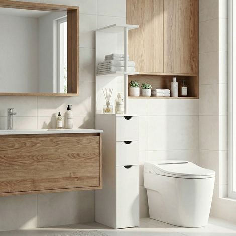 Meuble de salle de bains avec tiroirs et étagères ouvertes, 15 x 33 x 136,8 cm, blanc (1/5)