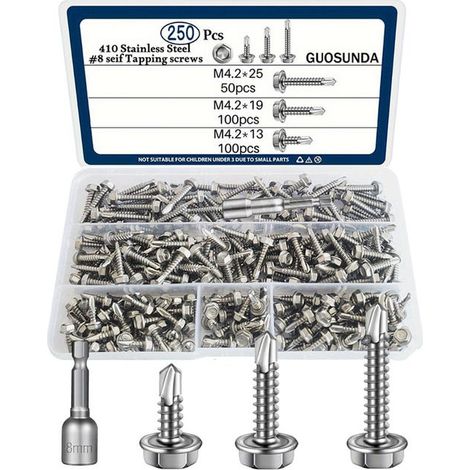 250 tornillos autorroscantes para metal, tornillos autorroscantes de acero inoxidable M4.2 para trabajos en metal, tornillos autorroscantes de cabeza hexagonal (1/5)