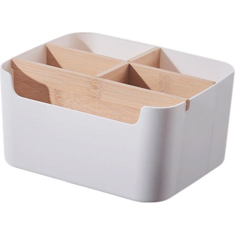Organizzatore da scrivania in bambù a 5 scomparti con portapenne, contenitore per penne, cosmetici e piccoli oggetti, colore bianco.