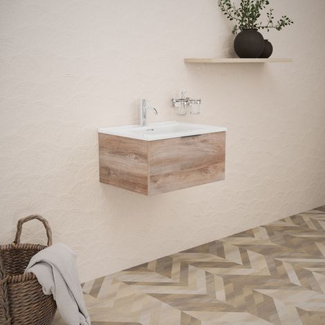 Inda - Badezimmerschrank B.60 mit glänzendem Waschbecken / Natureiche 1 Schublade - Topazio (1/5)