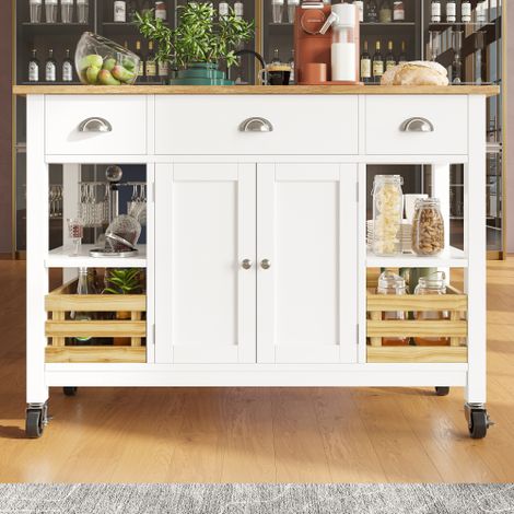 Desserte de cuisine sur roulettes 120x45x90 cm avec plateau rabattable, panier, tiroir, en MDF et métal, blanc et naturel