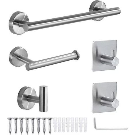 Ensemble d'accessoires de salle de bain, 5 pièces, porte-serviettes, porte-papier, crochet adhésif, ensemble de salle de bain multifonction, argent (1/4)