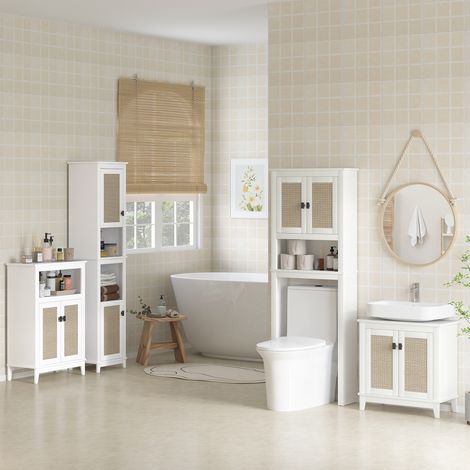 Meuble au-dessus des toilettes avec 2 portes en rotin, compartiment et étagère réglable 60x19.5x160 cm blanc