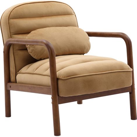 Fauteuil scandinave bois d'hévéa teinté noyer et tissu velours camel