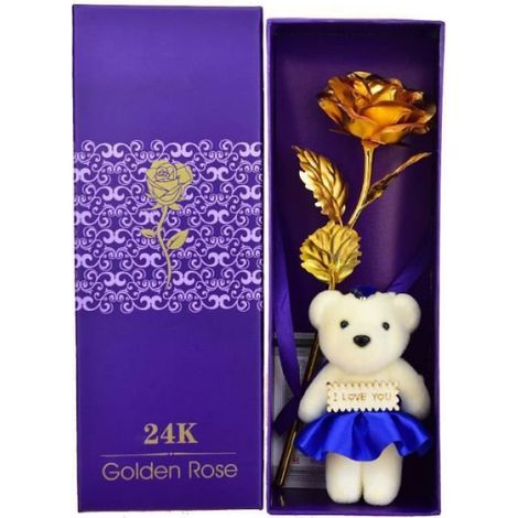 Rose fleur - 24 carats plaqué or - tige en polyéthylène - pétales en plastique - hauteur 25,5 cm - avec ours - pour cadeau d'anniversaire ou Saint-Valentin - lot de 1 (1/5)