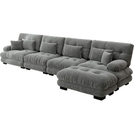 Divano angolare modulare L in chenille grigio 4 posti con pouf mobile MODENUIT (1/5)