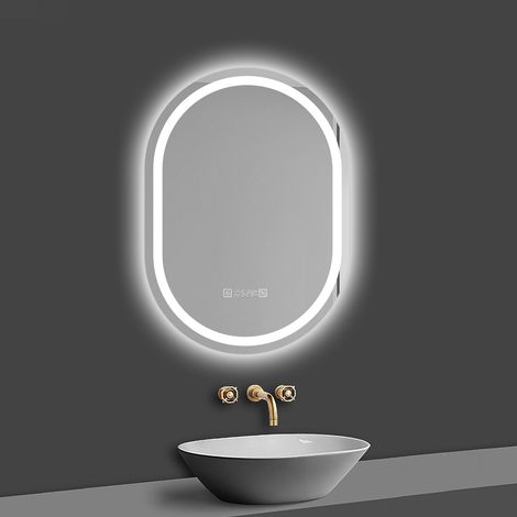 AICA ESPEJO DE BAÑO 500 x 700 mm, Espejo con luz tricolor, espejo con función reloj, función de memoria agapada, antivaho, brillo ajustable, forma ovalada (1/5)