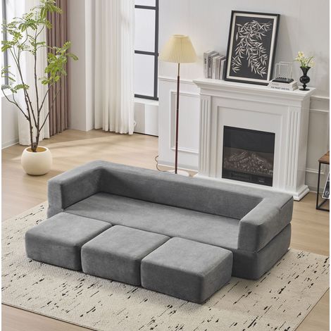 Sofá cama de suelo modular gris en chenilla con 3 pufs, plegable y multifunción,201x75.5x50 cm (1/5)