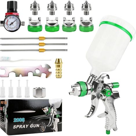 Pistolet à Peinture HVLP – Kit Complet avec 4 Buses (1,4/1,7/2,0/2,5 mm), Gobelet PVC 600 ML, Réglable Débit/Pression/Largeur, pour Voiture, Meuble, Bricolage (1/5)