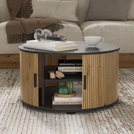 Mesa de centro Selva, Roble/negro, 80 x 80 cm con puerta corredera, Vicco (1/5)