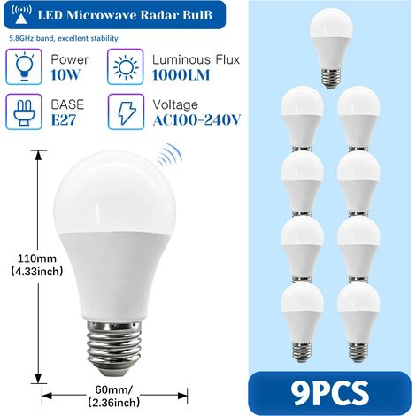(9 unités, lumière naturelle 4000K) Ampoules radar à micro-ondes pour détecteurs de mouvement, 10W, 1000LM, sans scintillement. (1/5)