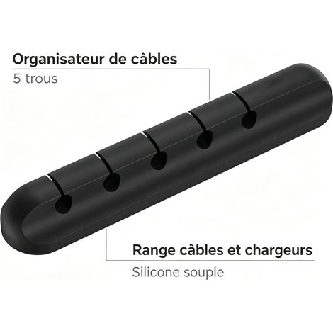 Serre-câbles 5 voies, attache câble de bureau, gestionnaire de câbles compact 11 cm, anti-désordre - Noir (1/5)