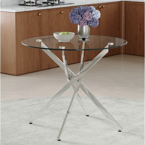 Tavolo da pranzo rotondo in vetro temperato 88 cm con struttura in metallo argento (1/5)