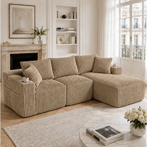 MODFU – Canapé modulaire velours côtelé – Méridienne et module 2 places – 5 coussins, porte-gobelets et poches – Kaki (1/5)