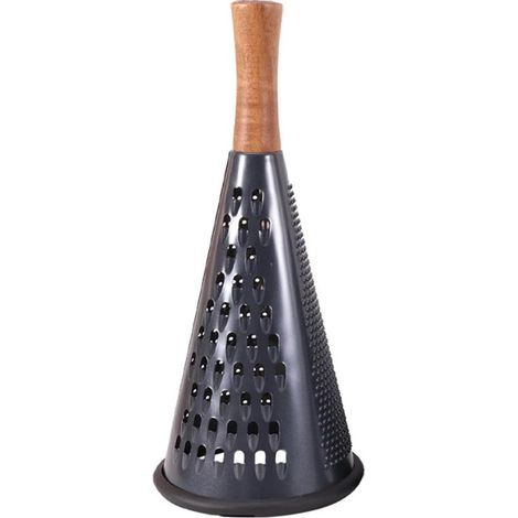 Konische Käsereibe mit Edelstahlgriff, dreifach funktional, Holzgriff, rutschfester Gummibasis, multifunktionale Gemüsereibe, schwarz, 30 x 13 cm